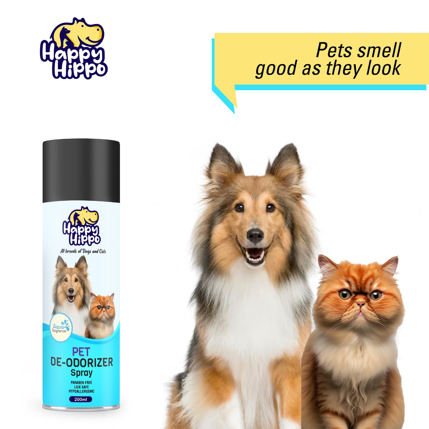 Happy Hippo Odour Remover Spray for Dogs & Cats - Dog Odour Remover Spray - Aqua Fragrance Harsh Chemical Free & Plant Based Formula - 200ml