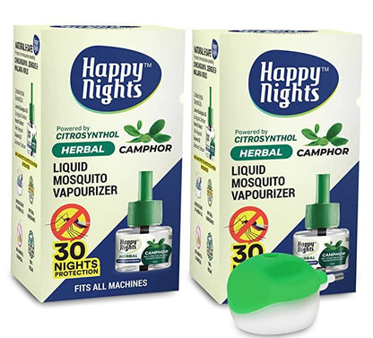 Happy Nights Combo Pack Herbal Lemon Eucalyptus + Camphor + Herbal Liquid Mosquito Repellent Vaporizer  - 1 no each + 1 machines