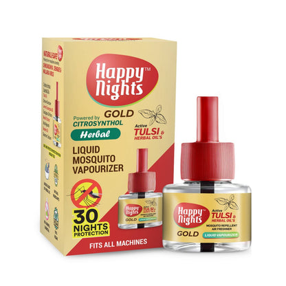 Happy Nights GOLD Tulsi and Herbal Oil Mosquito Liquid Repellent Refill (45ml) - Pack of 3 + 1 Machine