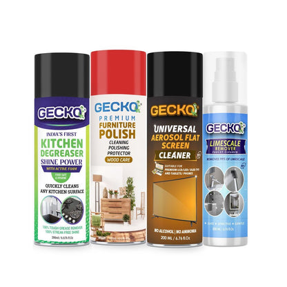 Gecko Combo Pack - Furniture Polish, Kitchen Degreaser, Limescale remover, Flat Screen Cleaner each 1pc.