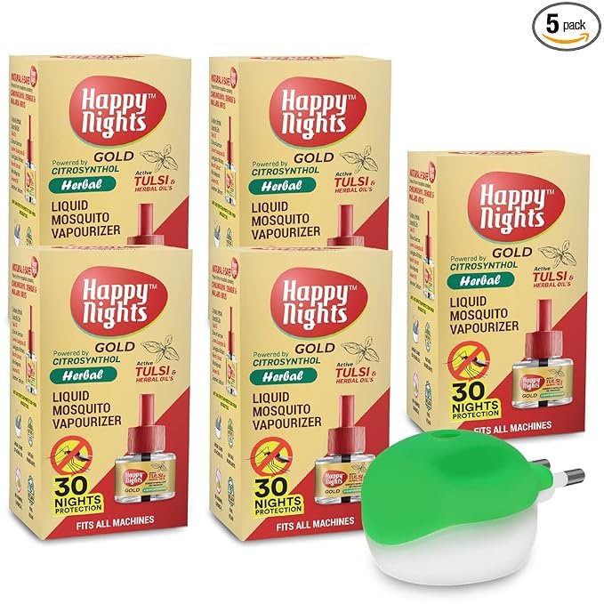 Happy Nights GOLD Tulsi and Herbal Oil Mosquito Liquid Repellent Refill (45ml) - Pack of 3 + 1 Machine