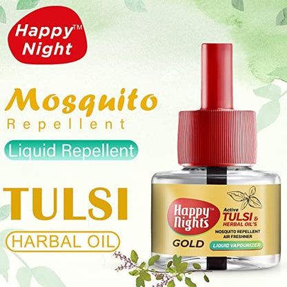 Happy Nights GOLD Tulsi and Herbal Oil Mosquito Liquid Repellent Refill (45ml) - Pack of 3 + 1 Machine