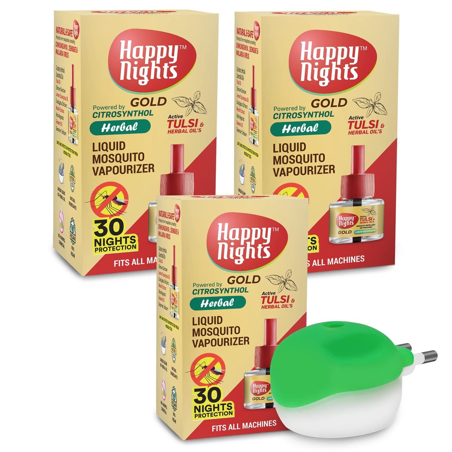 Happy Nights GOLD Tulsi and Herbal Oil Mosquito Liquid Repellent Refill (45ml) - Pack of 3 + 1 Machine