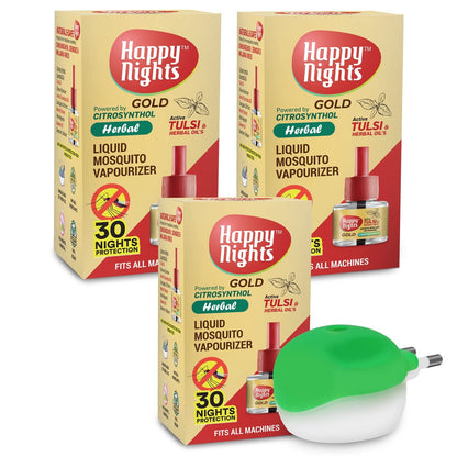 Happy Nights GOLD Tulsi and Herbal Oil Mosquito Liquid Repellent Refill (45ml) - Pack of 3 + 1 Machine