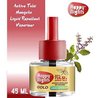 Happy Nights GOLD Tulsi and Herbal Oil Mosquito Liquid Repellent Refill (45ml) - Pack of 3 + 1 Machine