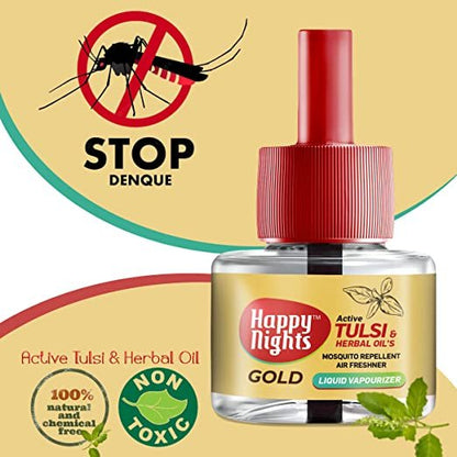 Happy Nights GOLD Tulsi and Herbal Oil Mosquito Liquid Repellent Refill (45ml) - Pack of 3 + 1 Machine