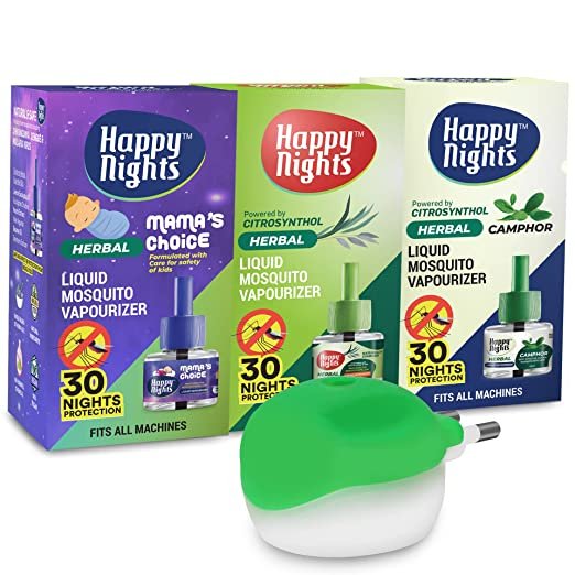 Happy Nights Combo Pack Herbal Lemon Eucalyptus + Camphor + Herbal Liquid Mosquito Repellent Vaporizer  - 1 no each + 1 machines