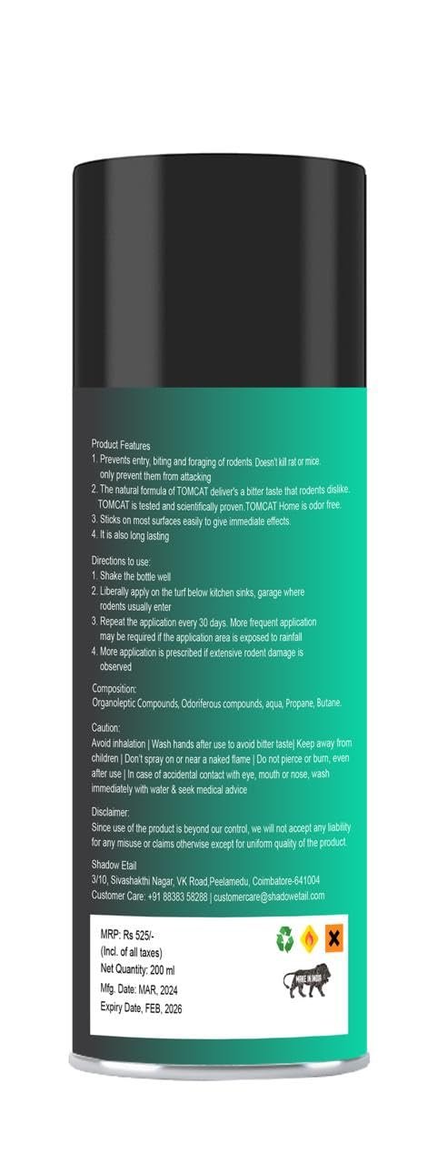 51qAkgixqdL._SL1280_.jpg Shadow Securitronics Tom Cat No Entry Rat Repellent Spray for Home,Garage,Go-down,Highly Effective Easy to Spray Nozzle 1st time in India Odour Free Rat Repellent|200ML Rat Repel Spray-FORMULATION 3X Pack of 1