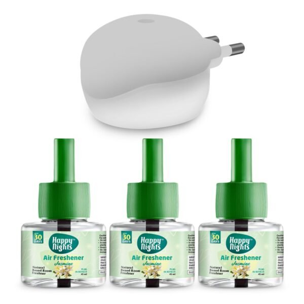 Happy Nights Plug In Room Freshener Kit | Jasmine Fragrance | Floral Air Freshener for Home, Bedroom, Bathroom, Office and Living Spaces | Long-Lasting & Safe | 3 Refill (45ml) + 1 Machine