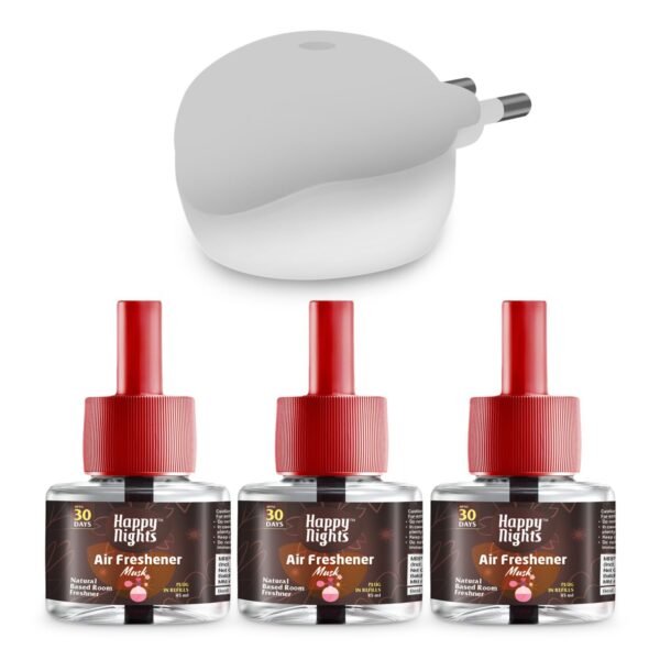 616KzsMo8L._SL1500_.jpg Happy Nights Plug In Room Freshener Kit | Musk Fragrance | Floral Air Freshener for Home, Bedroom, Bathroom, Office and Living Spaces | Long-Lasting & Safe | 3 Refill (45ml) + 1 Machine