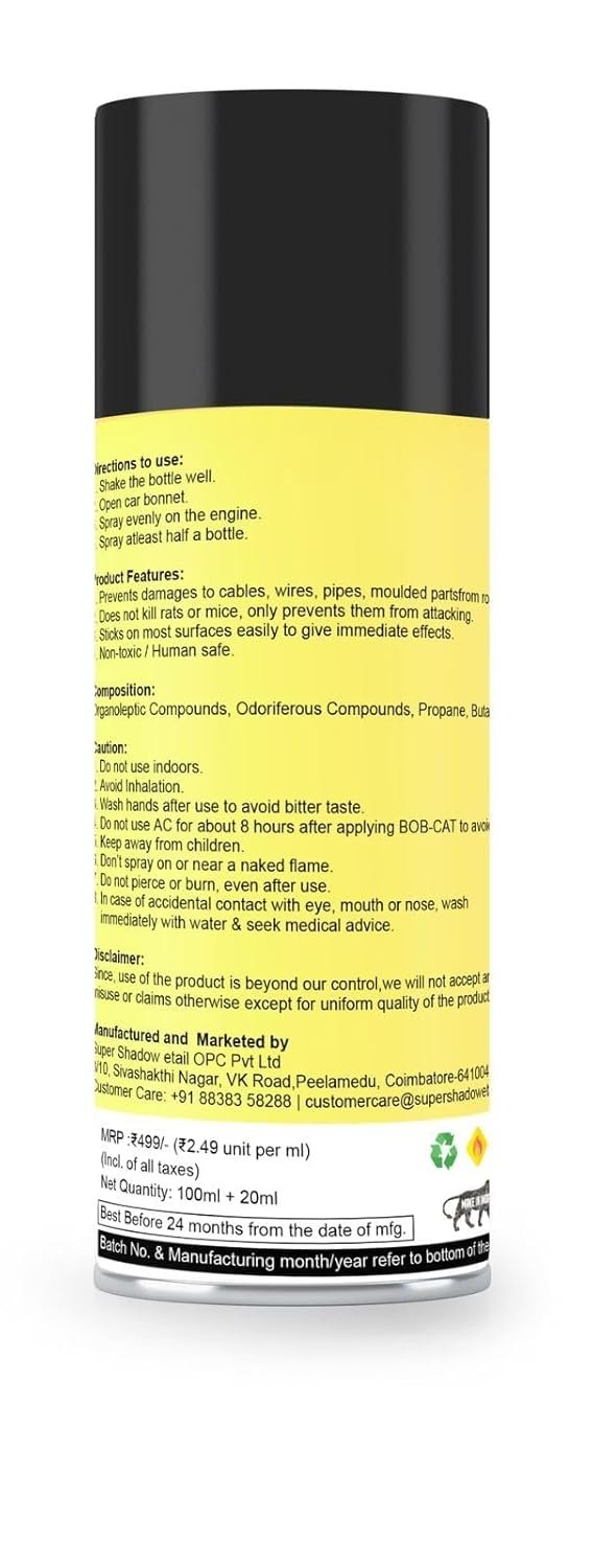 61CpDJVShWL._SL1500_.jpg Shadow Securitronics BOB CAT Highly Effective No Entry Rat Repellent Spray for Cars | Rodent Spray | Rodent Repellent for Home | 2X Advance Formula Pack of 1 x 120 ml - Formulation 20X Pack of 1