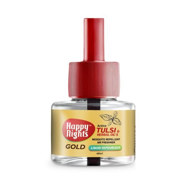 Happy Nights GOLD Tulsi and Herbal Oil Based Liquid Refill Mosquito Repellent Air Freshener Completely herbal-safe for children | Refill (45ml) + Machine