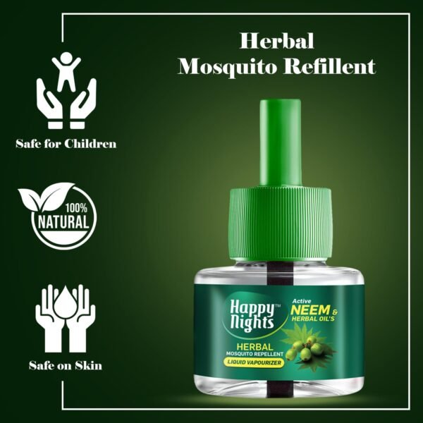 61+N4gvNNHL._SL1500_ Happy Nights Neem Mosquito Refill | Herbal Neem Repellent | Repellent | Insect Vaporizer | Prevent from Dengue | Completely Herbal Safe for Children | 45 ml (Pack of 3 Refill Plus 1 Machine)