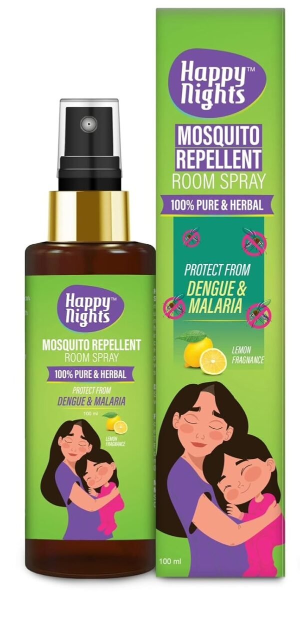 Happy Nights Herbal Mosquito Repellent Room Spray - Lemon Fragrance – Natural Mosquito Protection, Chemical-Free, Long-Lasting Insect Repellent for Home and Bedroom -100ml (Pack of 1) - FORMULATION 1X 100ML