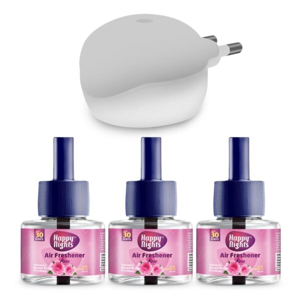 Happy Nights Plug In Room Freshener Kit | Rose Fragrance | Floral Air Freshener for Home, Bedroom, Bathroom, Office and Living Spaces | Long-Lasting & Safe | 3 Refill (45ml) + 1 Machine