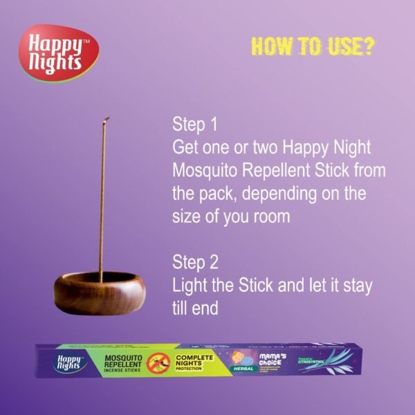 Happy Nights Mosquito Repellent Incense Sticks | 1 Hour Burning Time, 8 Hours Protection from Mosquito | Mosquito/Machar Agarbatti | 100% Herbal Incense Sticks | Pack of 50 - FORMULATION 1X