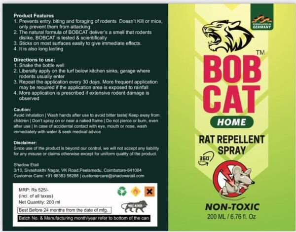 61x5YklkDvL._SL1067_.jpg BOB CAT No Entry Rat Repellent Home Protection Spray| Rodent Spray | Anti Rat Spray | Natural & Non-Toxic Mouse and Rodent Repellent | Quick, Easy Pest Control for Home | Pack of 1 x 200ml 200ML