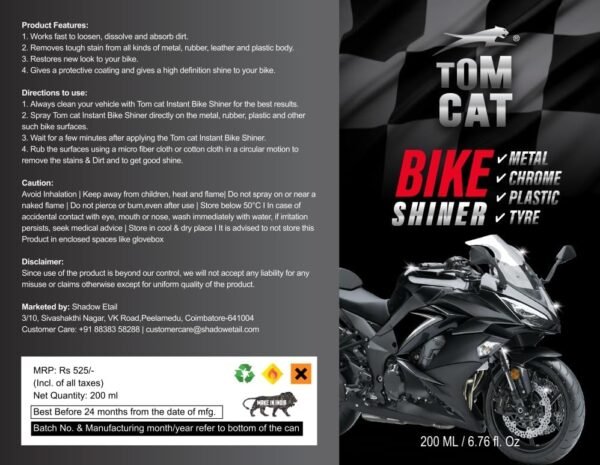 61zNldjckDL.jpg Tom Cat Bike/Scooty Shiner Spray Multi Surface Polish Spray|Quick Bike Cleaning Glossy Polish Spray for Bike Cleaning | Motorbike Shine Cleaning Spray | Protectant Spray Bike Shiner | Pack of 1(200ml) 200ML