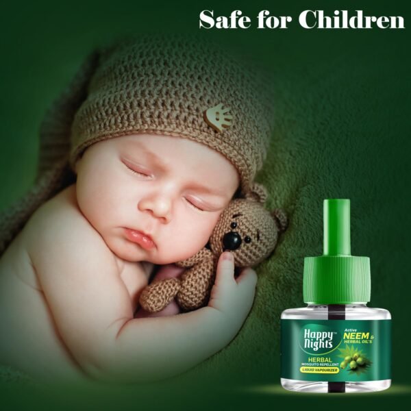 710J8mPYFEL._SL1500_ Happy Nights Neem Mosquito Refill | Herbal Neem Repellent | Repellent | Insect Vaporizer | Prevent from Dengue | Completely Herbal Safe for Children | 45 ml (Pack of 3 Refill Plus 1 Machine)