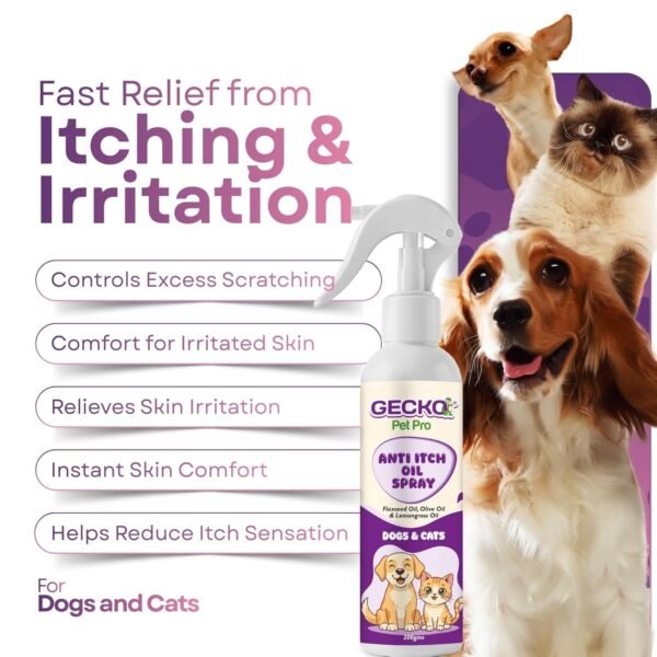 GECKO Pet Pro Anti Itch Oil Spray for Dogs & Cats | Flaxseed Oil, Olive Oil & Lemongrass Oil | Soothes Itchy & Dry Skin | Moisturizes Coat | Daily Skin Care Spray | 200g