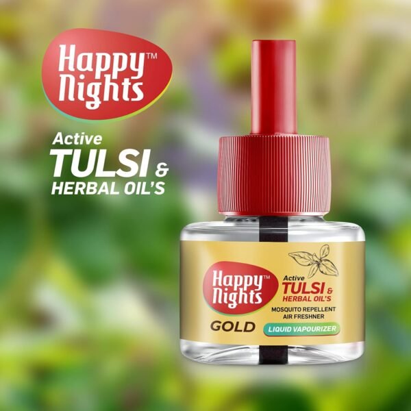 Happy Nights GOLD Tulsi and Herbal Oil Based Liquid Refill Mosquito Repellent Air Freshener Completely herbal-safe for children | Refill (45ml) + Machine