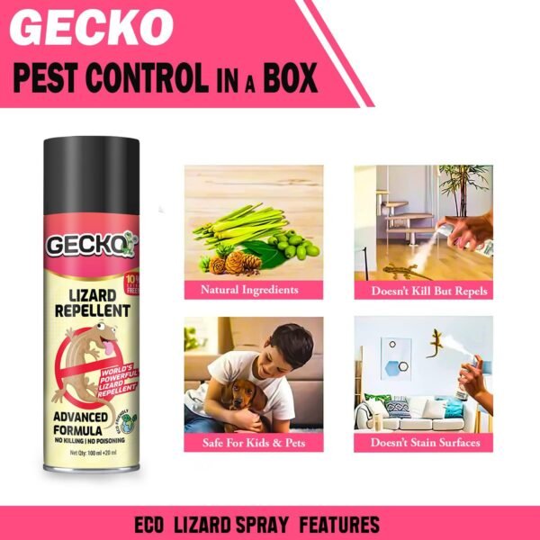 71EyyWsKAL._SL1500_.jpg Gecko India's First Aerosol-Based Herbal Lizard Repellent Spray | Odourless, Eco-Friendly & Safe for Home Use | Long-Lasting 15-Day Protection | Gentle Plant-Based Formula | 120ml | FORMULATION 10X 120ML