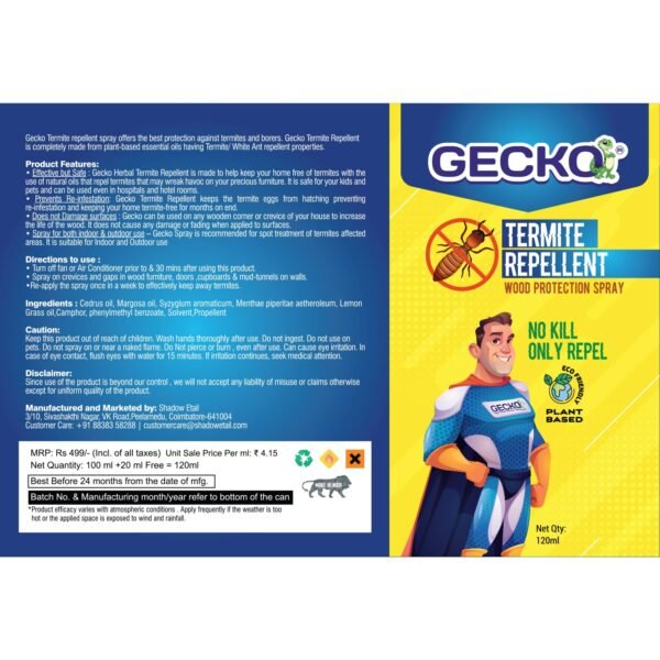 71FYQtubakL._SL1500_.jpg Gecko Termite Repellent Spray | 100% Herbal Wood Protection | Effective Against Termites, Borers & Insects | Safe for Furniture in Home, Kitchen & Office | 120ml | FORMULATION 10X 120ML