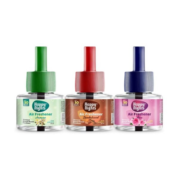 Happy Nights Plug In Room Freshener Combo | Jasmine, Sandalwood & Rose Fragrance | Floral Room Freshener for Home, Office, Bedroom & Bathroom | Long-Lasting & Safe | 3 Refills (45ml Each) + 1 Machine
