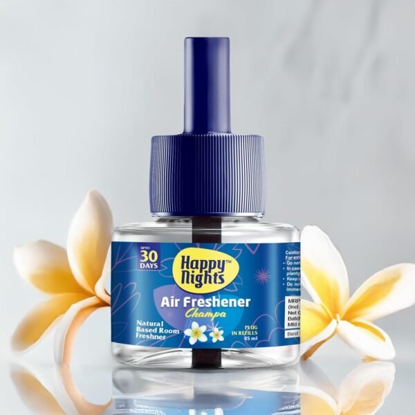 Happy Nights Plug In Room Freshener Kit | Champa Fragrance | Floral Air Freshener for Home, Bedroom, Bathroom, Office and Living Spaces | Long-Lasting & Safe | 3 Refill (45ml) + 1 Machine 45ML