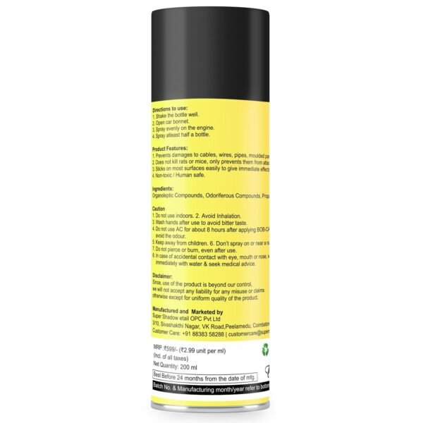 71TOEW4boUL._SL1500_.jpg Shadow Securitronics BOB CAT Highly Effective No Entry Rat Repellent Spray for Cars|Non- Toxic Rat Repeal Spray |2X Advance Formula |No Entry for Rats in Vehicles| Pack of 1 (200 ML) 200 ML