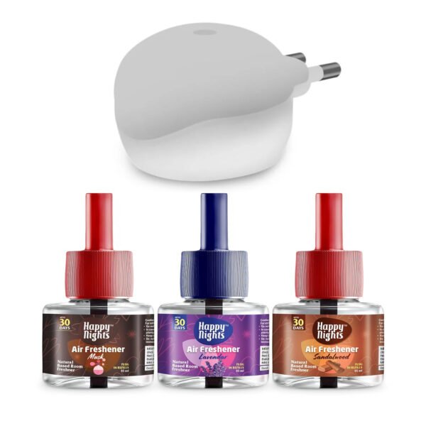 Happy Nights Plug In Room Freshener Kit | Musk, Lavender & Sandalwood Fragrance | Floral Air Freshener for Home, Bedroom, Bathroom, Office and Living Spaces | Long-Lasting & Safe | 3 Refill (45ml) + 1 Machine
