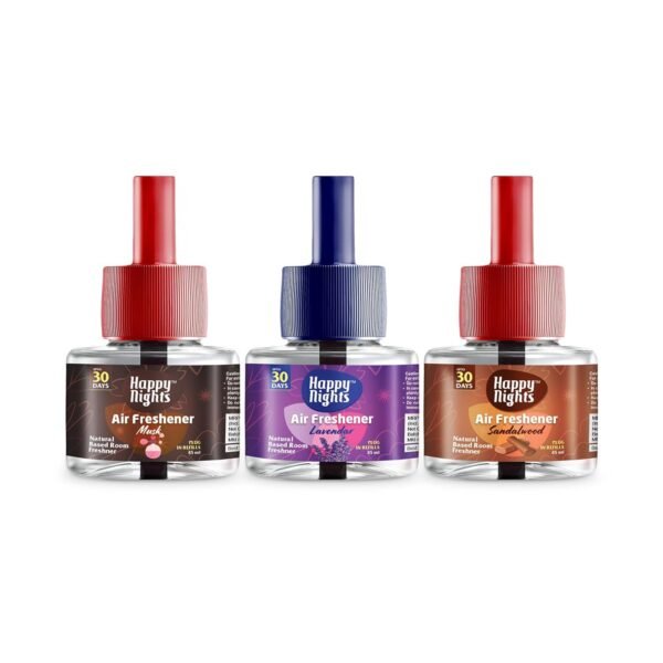 Happy Nights Plug In Room Freshener Combo | Musk, Lavender & Sandalwood Fragrance | Floral Room Freshener for Home, Office, Bedroom & Bathroom | Long-Lasting & Safe | 3 Refills (45ml Each) + 1 Machine