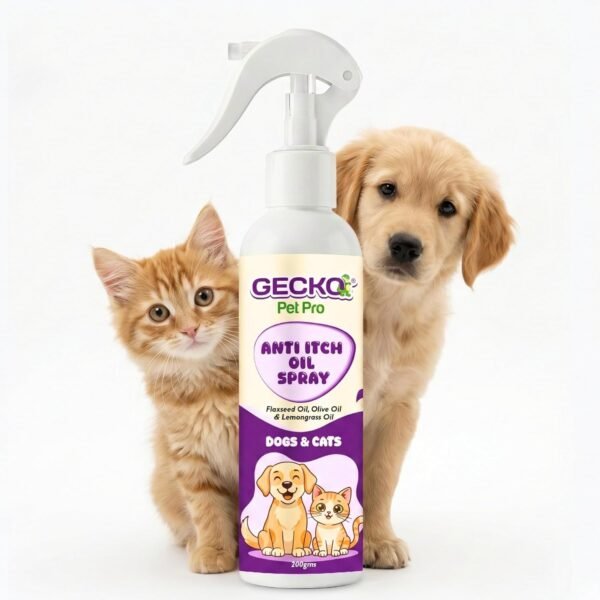 GECKO Pet Pro Anti Itch Oil Spray for Dogs & Cats | Flaxseed Oil, Olive Oil & Lemongrass Oil | Soothes Itchy & Dry Skin | Moisturizes Coat | Daily Skin Care Spray | 200g