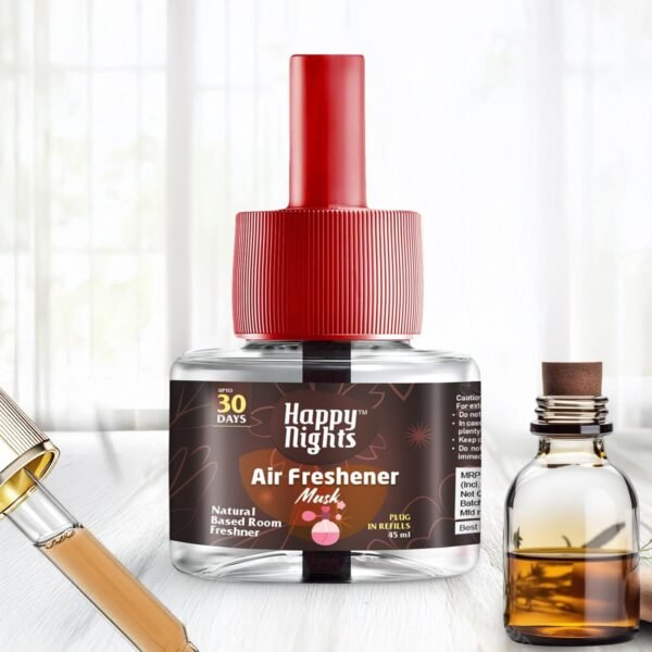 71WFsG-Y7oL._SL1500_.jpg Happy Nights Plug In Room Freshener Kit | Musk Fragrance | Floral Air Freshener for Home, Bedroom, Bathroom, Office and Living Spaces | Long-Lasting & Safe | 3 Refill (45ml) + 1 Machine