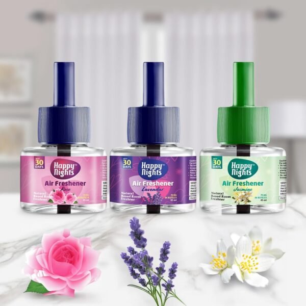 Happy Nights Plug In Room Freshener Combo | Jasmine, Lavender & Rose Fragrance | Floral Room Freshener for Home, Office, Bedroom & Bathroom | Long-Lasting & Safe | 3 Refills (45ml Each) + 1 Machine