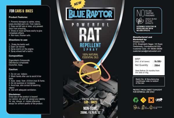 71Z-FptxnVL._SL1500_.jpg Shadow Securitronics Blue Raptor No Entry Rat Repellent Car Spray for Cars Highly Effective Easy to Spray, Odour Free Rodent Repellent Spray for Cars (Pack of 1-200ml - FORMULATION 3X 200ML