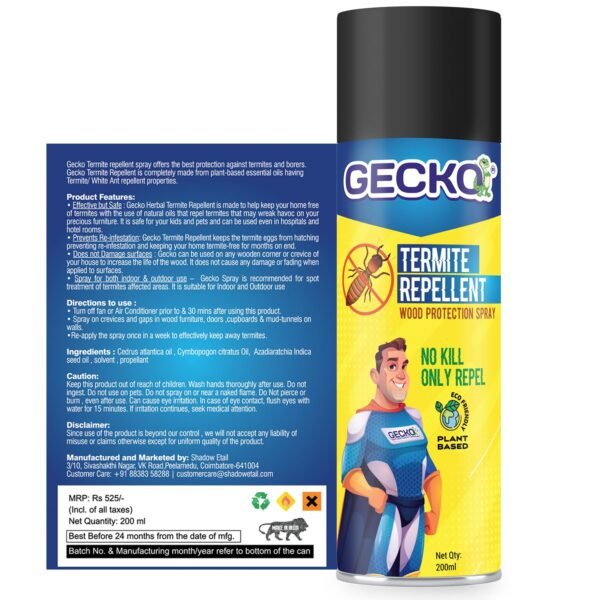 Gecko Termite Repellent Spray | 100% Herbal | Protects Wood & Furniture | 200ml | Pack of 1 | FORMULATION 10X Pack of 1