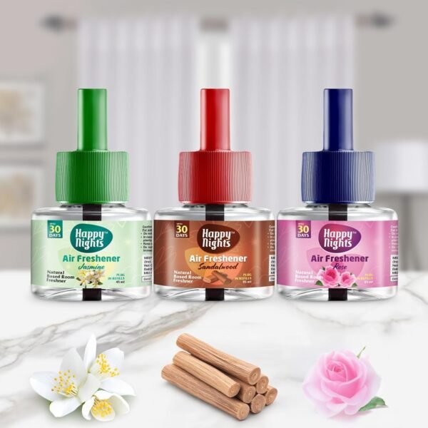 Happy Nights Plug In Room Freshener Combo | Jasmine, Sandalwood & Rose Fragrance | Floral Room Freshener for Home, Office, Bedroom & Bathroom | Long-Lasting & Safe | 3 Refills (45ml Each) + 1 Machine