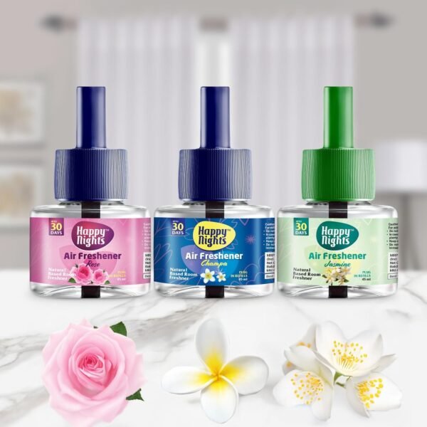 Happy Nights Plug In Room Freshener Kit Combo | Jasmine, Champa & Rose Fragrance | Floral Room Freshener for Home, Office, Bedroom & Bathroom | Long-Lasting & Safe | 3 Refills (45ml Each) + 1 Machine