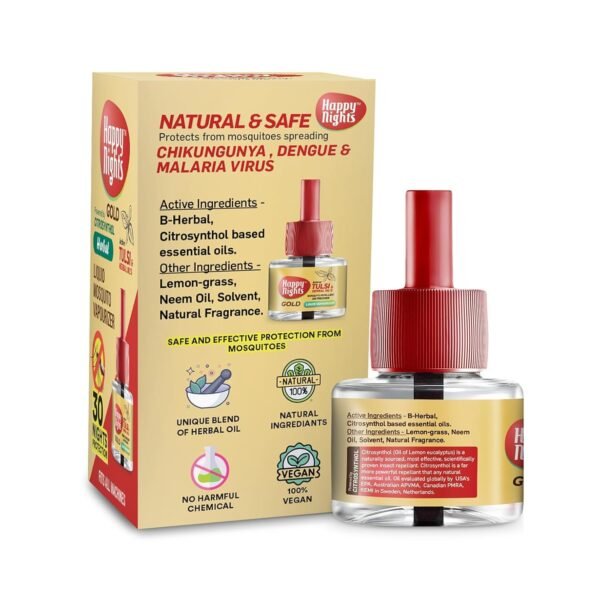 71pIWPXyz7L._SL1500_.jpg Happy Nights Gold Tulsi And Herbal Mosquito Repellent | Prevent From Mosquito | Air Freshener Completely Herbal-Safe For variationren, 45Ml (Pack Of 3 Refill Plus 1 Machine), Oil Pack of 3