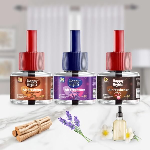 Happy Nights Plug In Room Freshener Combo | Musk, Lavender & Sandalwood Fragrance | Floral Room Freshener for Home, Office, Bedroom & Bathroom | Long-Lasting & Safe | 3 Refills (45ml Each) + 1 Machine