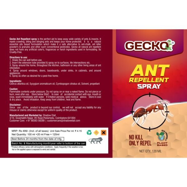 71yQFXKViLL._SL1500_.jpg Gecko Ant Repellent Spray | 100% Herbal Formula for Home & Kitchen | Safe for Babies & Pets | Effective Against Red Ants | Suitable for Home, Office Use | 120ml | FORMULATION 10X 120ML