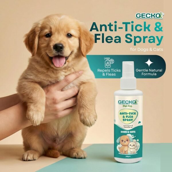 Gecko Pet Pro Anti Tick & Flea Care Spray for Dogs & Cats | 2× Concentrated External Parasite Care | Coat Hygiene & Grooming Support | Lemongrass & Citronella Oil | 200 ml