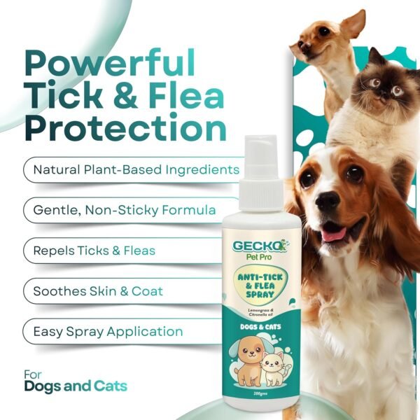 Gecko Pet Pro Anti Tick & Flea Care Spray for Dogs & Cats | 2× Concentrated External Parasite Care | Coat Hygiene & Grooming Support | Lemongrass & Citronella Oil | 200 ml