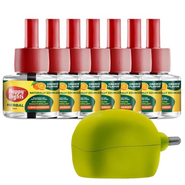 81HmtQG7iGL._SL1500_.jpg Happy Nights Orange Mosquito Refill | Herbal Orange Repellent | Repellent | Insect Vaporizer | Prevent from Dengue| Completely Herbal Safe for variationren | 45 ml (Pack of 7 Refill plus 1 machine) 45 ML