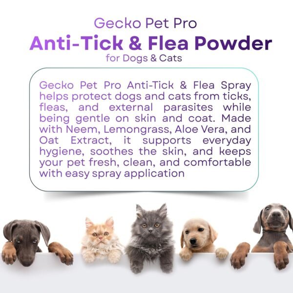 Gecko Pet Pro 2X Anti-Tick & Flea Powder for Dogs & Cats | Neem, Lavender & Calendula | Extra Strength Tick & Flea Control | Gentle Coat Care | Safe for Regular Use | 120g