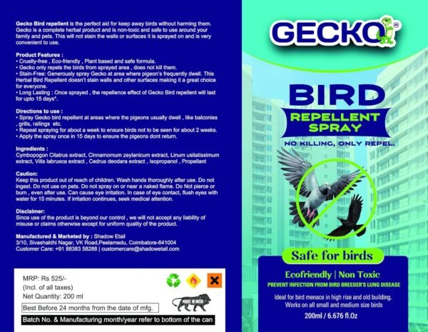 Gecko Bird Repellent Spray For Home And Office | Pigeon Repellent Spray | Bird Control Spray| Non-Toxic Spray| Safe for Birds | No Killing Only Repel - Easy to Spray - Pack of 1 (200 ML) 200 ML