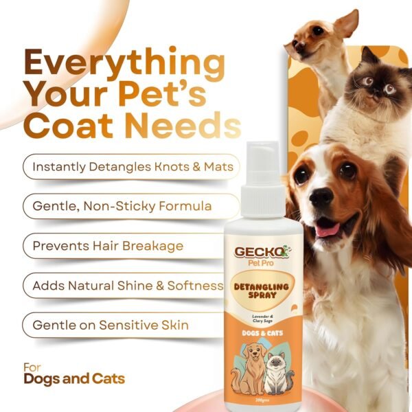Gecko Pet Pro Detangling Spray for Dogs & Cats |Leave-in Conditioner & Grooming Spray | 2× Smooth Coat, Knot & Tangle Care | No-Rinse | Lavender & Clary Sage | 200 ml