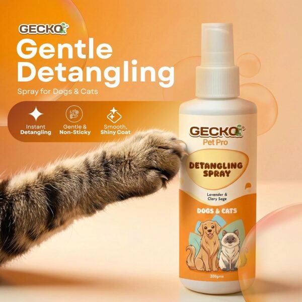 Gecko Pet Pro Detangling Spray for Dogs & Cats |Leave-in Conditioner & Grooming Spray | 2× Smooth Coat, Knot & Tangle Care | No-Rinse | Lavender & Clary Sage | 200 ml