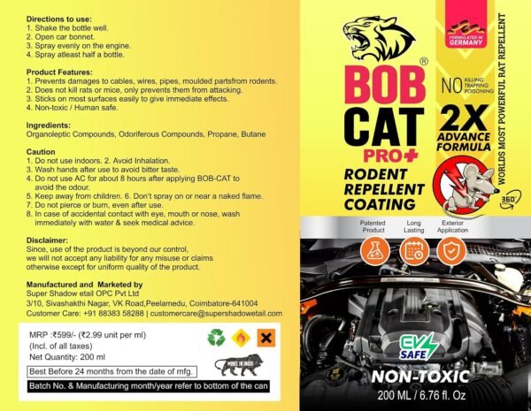 81a8L8QXIL._SL1500_.jpg Shadow Securitronics BOB CAT Highly Effective No Entry Rat Repellent Spray for Cars|Non- Toxic Rat Repeal Spray |2X Advance Formula |No Entry for Rats in Vehicles| Pack of 1 (200 ML) 200 ML